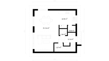 Projekt ERDOL 102 PLUS - Wersja prawa (kuchnia po prawej stronie) - Kalenica prostopadle - Rzut parteru