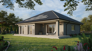 Projekt ERDOL 104 - Wersja lewa (salon po lewej stronie) - Przesuwne Smart Slide - Bez styropianu, siatki, kleju - Biały - Instalacja fotowoltaiczna 6,4 kWp (16 paneli)