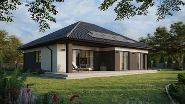 Projekt ERDOL 104 - Wersja prawa (salon po prawej stronie) - Rozwierno uchylne + FIX - Styropian, siatka, klej - Antracyt - Instalacja fotowoltaiczna 4,8 kWp (12 paneli)