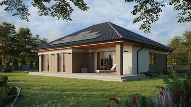 Projekt ERDOL 104 - Wersja lewa (salon po lewej stronie) - Przesuwne Smart Slide - Styropian, siatka, klej - Złoty dąb - Instalacja fotowoltaiczna 6,4 kWp (16 paneli)