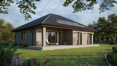 Projekt ERDOL 104 - Wersja prawa (salon po prawej stronie) - Przesuwne Smart Slide - Bez styropianu, siatki, kleju - Orzech - Instalacja fotowoltaiczna 4,8 kWp (12 paneli)