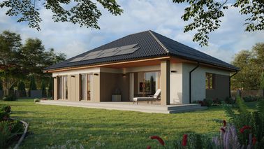 Projekt ERDOL 104 - Wersja lewa (salon po lewej stronie) - Przesuwne Smart Slide - Styropian, siatka, klej - Złoty dąb - Instalacja fotowoltaiczna 4,8 kWp (12 paneli)