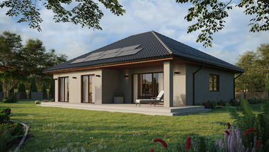 Projekt ERDOL 104 - Wersja lewa (salon po lewej stronie) - Przesuwne Smart Slide - Bez styropianu, siatki, kleju - Orzech - Instalacja fotowoltaiczna 4,8 kWp (12 paneli)