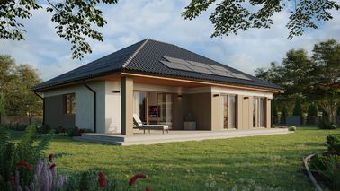 Projekt ERDOL 104 - Wersja prawa (salon po prawej stronie) - Rozwierno uchylne + FIX - Styropian, siatka, klej - Złoty dąb - Instalacja fotowoltaiczna 4,8 kWp (12 paneli)