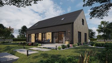 Projekt ERDOL 124 - Wersja lewa (salon po lewej stronie) - Dachówka Braas Celtycka Lumino - Cztery pokoje, schody w salonie - Cztery okna dachowe pokojowe i okno dachowe łazienkowe - Komplet fasadowych żaluzji podtynkowych SELT, sterowanie bezprzewodowe - Brak okien balkonowych - Bez instalacji fotowoltaicznej