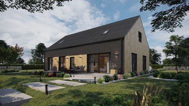 Projekt ERDOL 124 - Wersja lewa (salon po lewej stronie) - Dachówka Braas Celtycka Lumino - Trzy pokoje + klatka schodowa - Cztery okna dachowe pokojowe i okno dachowe łazienkowe - Komplet fasadowych żaluzji podtynkowych SELT, sterowanie bezprzewodowe - Brak okien balkonowych - Bez instalacji fotowoltaicznej