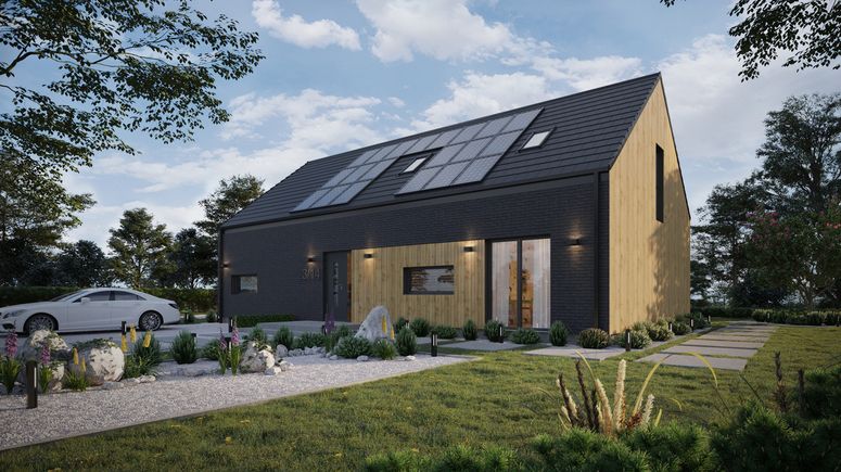 Projekt ERDOL 124 - Wersja lewa (salon po lewej stronie) - Dachówka Braas Teviva (płaska) - Trzy pokoje + klatka schodowa - Bez okien dachowych - Bez rolet i żaluzji podtynkowych - Okna balkonowe na poddaszu - Instalacja fotowoltaiczna 9,6 kWp (24 paneli)