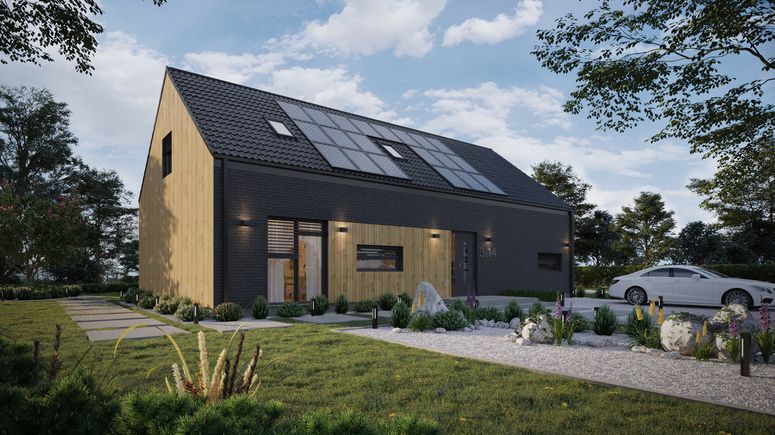 Projekt ERDOL 124 - Wersja prawa (salon po prawej stronie) - Dachówka Braas Celtycka Lumino - Trzy pokoje + klatka schodowa - Bez okien dachowych - Komplet fasadowych żaluzji podtynkowych SELT, sterowanie bezprzewodowe - Brak okien balkonowych - Instalacja fotowoltaiczna 9,6 kWp (24 paneli)