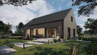 Projekt ERDOL 124 - Wersja lewa (salon po lewej stronie) - Dachówka Braas Celtycka Lumino - Trzy pokoje + klatka schodowa - Trzy okna dachowe pokojowe i okno dachowe łazienkowe - Bez rolet i żaluzji podtynkowych - Brak okien balkonowych - Bez instalacji fotowoltaicznej