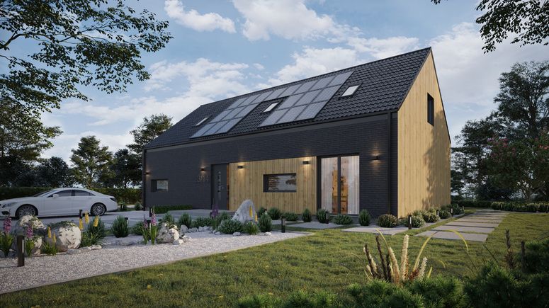 Projekt ERDOL 124 - Wersja lewa (salon po lewej stronie) - Dachówka Braas Celtycka Lumino - Trzy pokoje + klatka schodowa - Trzy okna dachowe pokojowe i okno dachowe łazienkowe - Bez rolet i żaluzji podtynkowych - Brak okien balkonowych - Instalacja fotowoltaiczna 9,6 kWp (24 paneli)