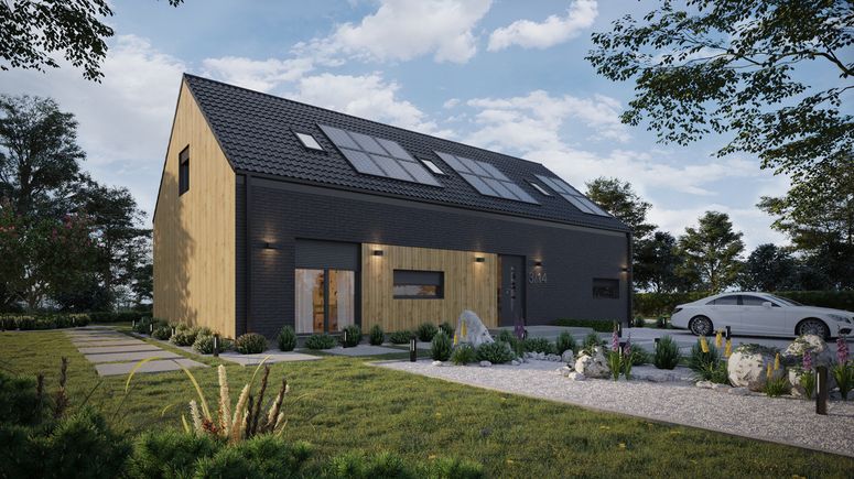 Projekt ERDOL 124 - Wersja prawa (salon po prawej stronie) - Dachówka Braas Celtycka Lumino - Trzy pokoje + klatka schodowa - Cztery okna dachowe pokojowe i okno dachowe łazienkowe - Komplet rolet podtynkowych, silnik SOMFY, sterowanie bezprzewodowe - Brak okien balkonowych - Instalacja fotowoltaiczna 6,4 kWp (16 paneli)