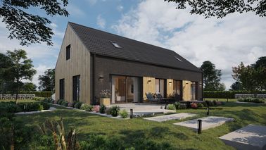 Projekt ERDOL 124 - Wersja prawa (salon po prawej stronie) - Dachówka Braas Celtycka Lumino - Cztery pokoje, schody w salonie - Cztery okna dachowe pokojowe i okno dachowe łazienkowe - Bez rolet i żaluzji podtynkowych - Brak okien balkonowych - Bez instalacji fotowoltaicznej