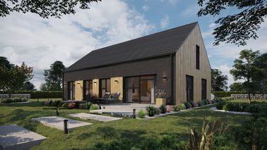 Projekt ERDOL 124 - Wersja lewa (salon po lewej stronie) - Dachówka Braas Celtycka Lumino - Cztery pokoje, schody w salonie - Okno dachowe pokojowe i łazienkowe - Komplet fasadowych żaluzji podtynkowych SELT, sterowanie bezprzewodowe - Okna balkonowe na poddaszu - Bez instalacji fotowoltaicznej