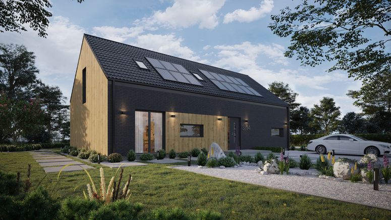 Projekt ERDOL 124 - Wersja prawa (salon po prawej stronie) - Dachówka Braas Celtycka Lumino - Trzy pokoje + klatka schodowa - Okno dachowe pokojowe i łazienkowe - Bez rolet i żaluzji podtynkowych - Okna balkonowe na poddaszu - Instalacja fotowoltaiczna 6,4 kWp (16 paneli)