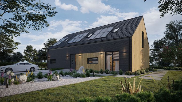 Projekt ERDOL 124 - Wersja lewa (salon po lewej stronie) - Dachówka Braas Celtycka Lumino - Trzy pokoje + klatka schodowa - Cztery okna dachowe pokojowe i okno dachowe łazienkowe - Komplet fasadowych żaluzji podtynkowych SELT, sterowanie bezprzewodowe - Okna balkonowe na poddaszu - Instalacja fotowoltaiczna 6,4 kWp (16 paneli)