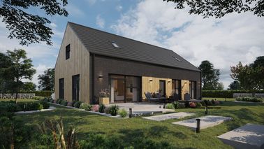 Projekt ERDOL 124 - Wersja prawa (salon po prawej stronie) - Dachówka Braas Teviva (płaska) - Trzy pokoje + klatka schodowa - Cztery okna dachowe pokojowe i okno dachowe łazienkowe - Komplet fasadowych żaluzji podtynkowych SELT, sterowanie bezprzewodowe - Brak okien balkonowych - Bez instalacji fotowoltaicznej