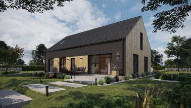 Projekt ERDOL 124 - Wersja lewa (salon po lewej stronie) - Dachówka Braas Celtycka Lumino - Trzy pokoje + klatka schodowa - Trzy okna dachowe pokojowe i okno dachowe łazienkowe - Komplet fasadowych żaluzji podtynkowych SELT, sterowanie bezprzewodowe - Okna balkonowe na poddaszu - Bez instalacji fotowoltaicznej