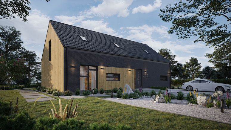 Projekt ERDOL 124 - Wersja prawa (salon po prawej stronie) - Dachówka Braas Celtycka Lumino - Trzy pokoje + klatka schodowa - Dwa okna dachowe pokojowe i okno dachowe łazienkowe - Komplet fasadowych żaluzji podtynkowych SELT, sterowanie bezprzewodowe - Okna balkonowe na poddaszu - Bez instalacji fotowoltaicznej