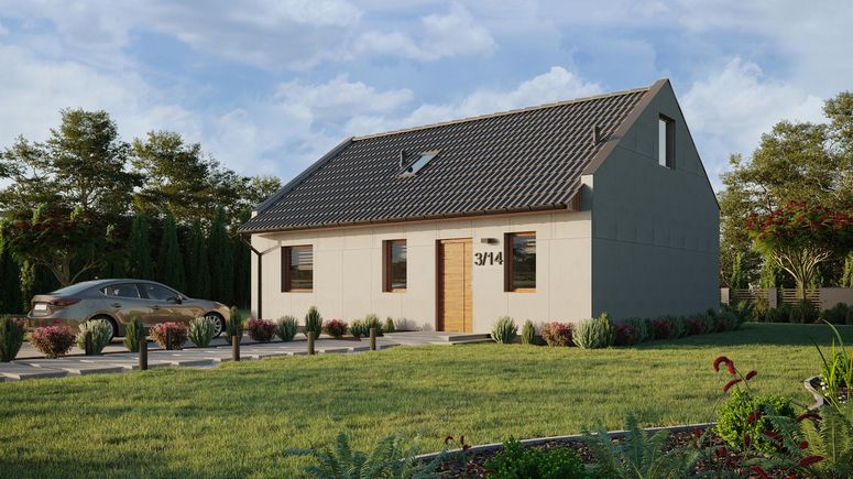 Projekt ERDOL 1 XL - Wersja lewa (salon po lewej stronie) - Dwuspadowy nowoczesny z poddaszem użytkowym – kąt nachylenia 35 stopni - Schody w salonie - Okno dachowe pokojowe i łazienkowe - Okna standardowe - Bez styropianu, siatki i kleju - Złoty dąb - Bez instalacji fotowoltaicznej