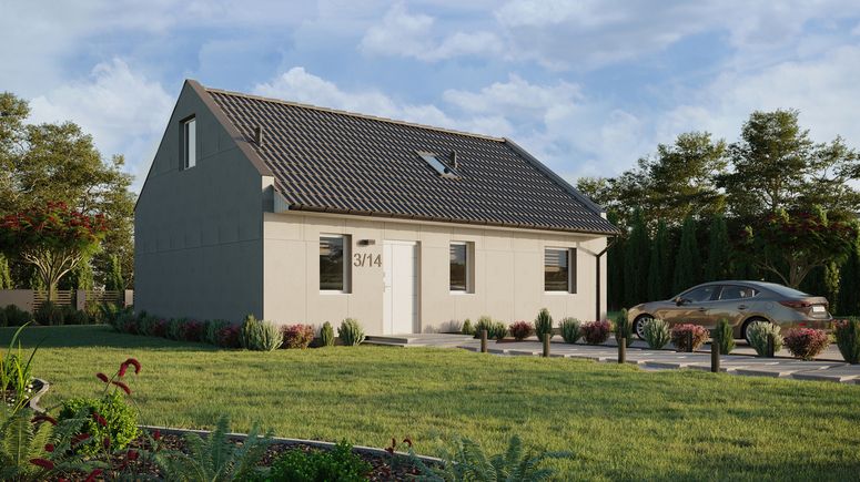 Projekt ERDOL 1 XL - Wersja prawa (salon po prawej stronie) - Dwuspadowy nowoczesny z poddaszem użytkowym – kąt nachylenia 35 stopni - Schody w salonie - Okno dachowe pokojowe i łazienkowe - Okna standardowe - Bez styropianu, siatki i kleju - Biały - Bez instalacji fotowoltaicznej