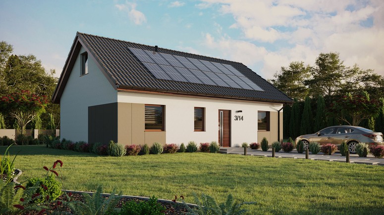 Projekt ERDOL 3 - Wersja prawa (salon po prawej stronie) - Dwuspadowy z poddaszem użytkowym – kąt nachylenia 35 stopni - Dwa okna dachowe pokojowe - Okna standardowe - Styropian, siatka i klej - Orzech - Instalacja fotowoltaiczna 6,4 kWp (16 paneli)