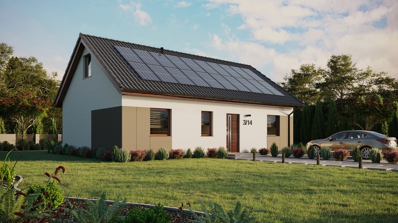 Projekt ERDOL 3 - Wersja prawa (salon po prawej stronie) - Dwuspadowy z poddaszem użytkowym – kąt nachylenia 35 stopni - Dwa okna dachowe pokojowe - Okna standardowe - Styropian, siatka i klej - Orzech - Instalacja fotowoltaiczna 8,0 kWp (20 paneli)
