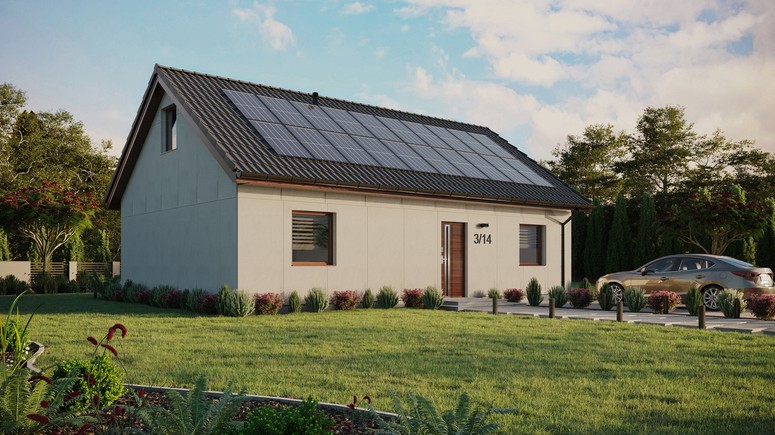 Projekt ERDOL 2 XL - Wersja prawa (salon po prawej stronie) - Dwuspadowy z poddaszem użytkowym – kąt nachylenia 35 stopni - Dwa okna dachowe pokojowe - Okna standardowe - Bez styropianu, siatki i kleju - Orzech - Instalacja fotowoltaiczna 8,0 kWp (20 paneli)
