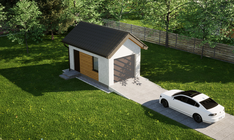 Garaż ERDOL G1 - Wersja lewa - Układ kalenicy prostopadły z dachem dwuspadowym o kącie nachylenia 35 stopni - Bez bramy - Styropian, siatka i klej - Orzech