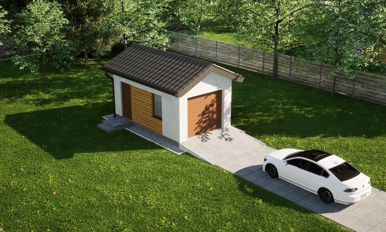 Garaż ERDOL G1 - Wersja lewa - Układ kalenicy prostopadły z dachem dwuspadowym o kącie nachylenia 25 stopni - Brama segmentowa z napędem IO, sterowana pilotem - UniPro WIŚNIOWSKI - Styropian, siatka i klej - Złoty dąb