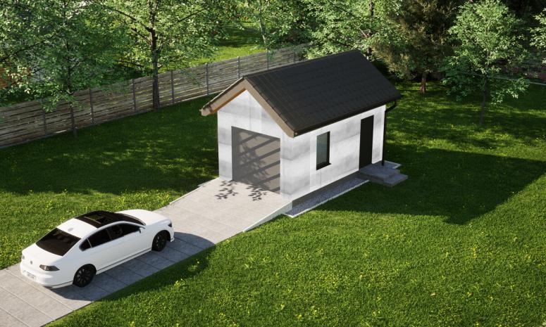 Garaż ERDOL G1 - Wersja prawa - Układ kalenicy prostopadły z dachem dwuspadowym o kącie nachylenia 35 stopni - Bez bramy - Bez styropianu, siatki i kleju - Antracyt