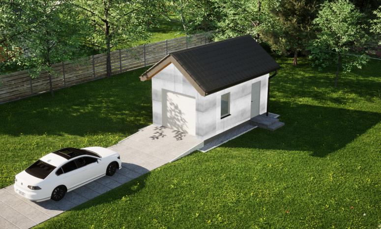 Garaż ERDOL G1 - Wersja prawa - Układ kalenicy prostopadły z dachem dwuspadowym o kącie nachylenia 35 stopni - Brama segmentowa z napędem IO, sterowana pilotem - UniPro WIŚNIOWSKI - Bez styropianu, siatki i kleju - Biały