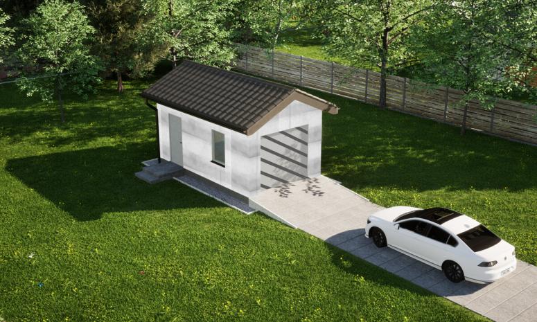 Garaż ERDOL G1 - Wersja lewa - Układ kalenicy prostopadły z dachem dwuspadowym o kącie nachylenia 25 stopni - Bez bramy - Bez styropianu, siatki i kleju - Biały