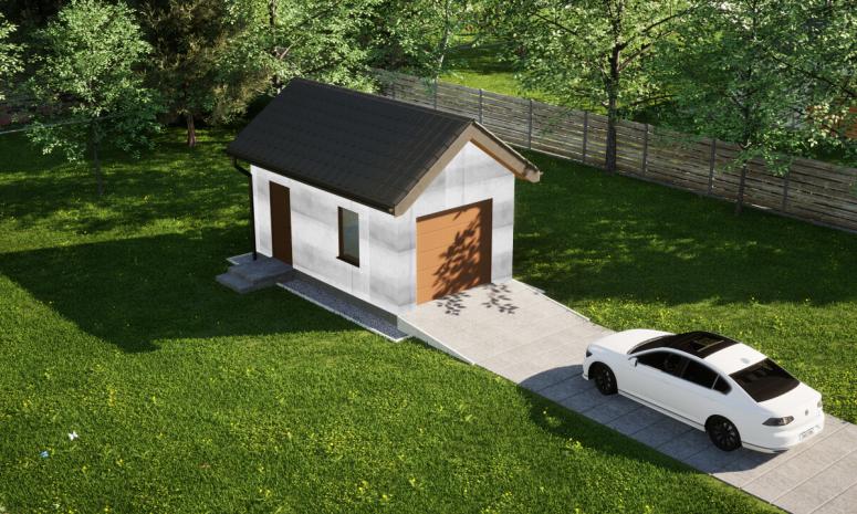 Garaż ERDOL G1 - Wersja lewa - Układ kalenicy prostopadły z dachem dwuspadowym o kącie nachylenia 35 stopni - Brama segmentowa z napędem IO, sterowana pilotem - UniPro WIŚNIOWSKI - Bez styropianu, siatki i kleju - Złoty dąb