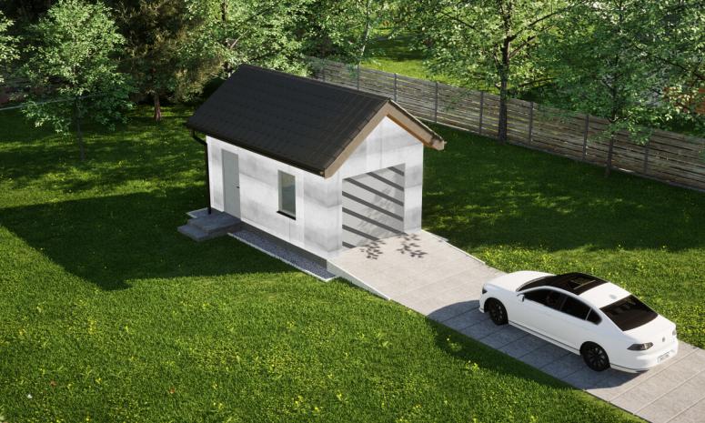 Garaż ERDOL G1 - Wersja lewa - Układ kalenicy prostopadły z dachem dwuspadowym o kącie nachylenia 35 stopni - Bez bramy - Bez styropianu, siatki i kleju - Biały