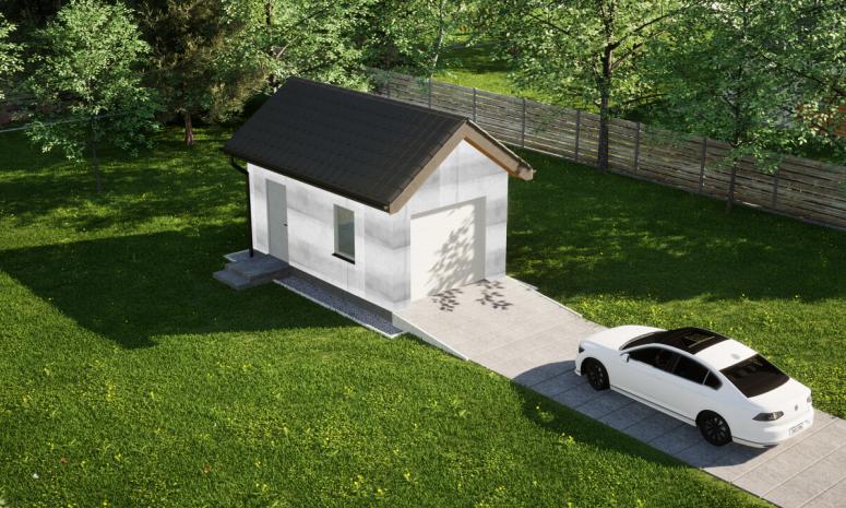 Garaż ERDOL G1 - Wersja lewa - Układ kalenicy prostopadły z dachem dwuspadowym o kącie nachylenia 35 stopni - Brama segmentowa z napędem IO, sterowana pilotem - UniPro WIŚNIOWSKI - Bez styropianu, siatki i kleju - Biały