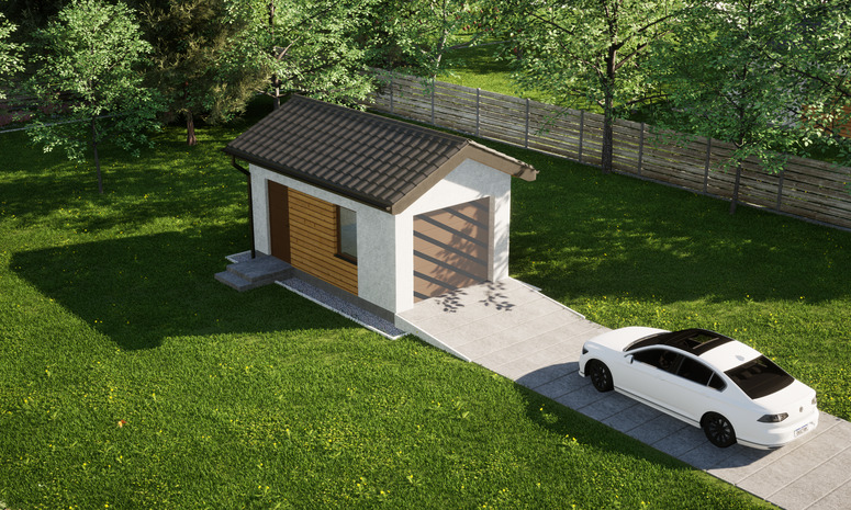 Garaż ERDOL G1 - Wersja lewa - Układ kalenicy prostopadły z dachem dwuspadowym o kącie nachylenia 25 stopni - Bez bramy - Styropian, siatka i klej - Złoty dąb