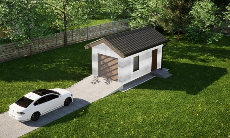 Garaż ERDOL G1 - Wersja prawa - Układ kalenicy prostopadły z dachem dwuspadowym o kącie nachylenia 25 stopni - Bez bramy - Bez styropianu, siatki i kleju - Złoty dąb