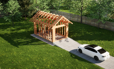 Widok konstrukcji: Garaż ERDOL G1 - Wersja lewa - Układ kalenicy prostopadły z dachem dwuspadowym o kącie nachylenia 35 stopni