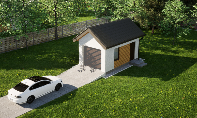 Garaż ERDOL G1 - Wersja prawa - Układ kalenicy prostopadły z dachem dwuspadowym o kącie nachylenia 35 stopni - Bez bramy - Styropian, siatka i klej - Orzech