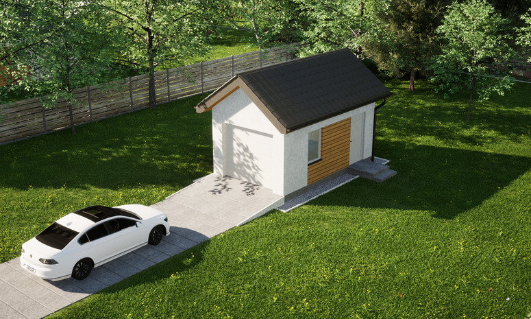 Garaż ERDOL G1 - Wersja prawa - Układ kalenicy prostopadły z dachem dwuspadowym o kącie nachylenia 35 stopni - Brama segmentowa z napędem IO, sterowana pilotem - UniPro WIŚNIOWSKI - Styropian, siatka i klej - Biały