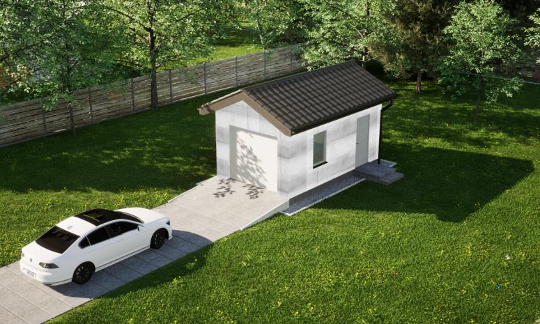 Garaż ERDOL G1 - Wersja prawa - Układ kalenicy prostopadły z dachem dwuspadowym o kącie nachylenia 25 stopni - Brama segmentowa z napędem IO, sterowana pilotem - UniPro WIŚNIOWSKI - Bez styropianu, siatki i kleju - Biały