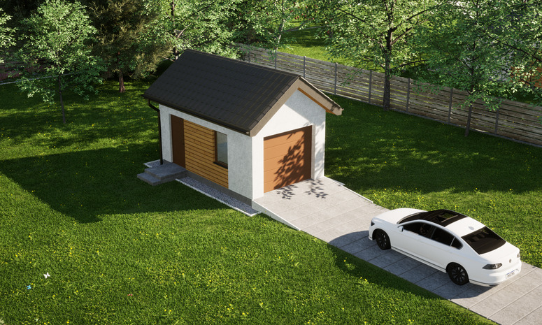 Garaż ERDOL G1 - Wersja lewa - Układ kalenicy prostopadły z dachem dwuspadowym o kącie nachylenia 35 stopni - Brama segmentowa z napędem IO, sterowana pilotem - UniPro WIŚNIOWSKI - Styropian, siatka i klej - Złoty dąb