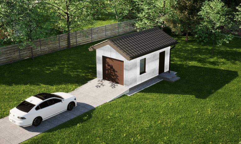 Garaż ERDOL G1 - Wersja prawa - Układ kalenicy prostopadły z dachem dwuspadowym o kącie nachylenia 25 stopni - Brama segmentowa z napędem IO, sterowana pilotem - UniPro WIŚNIOWSKI - Bez styropianu, siatki i kleju - Orzech