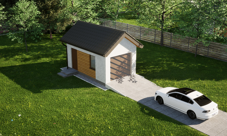 Garaż ERDOL G1 - Wersja lewa - Układ kalenicy prostopadły z dachem dwuspadowym o kącie nachylenia 35 stopni - Bez bramy - Styropian, siatka i klej - Złoty dąb