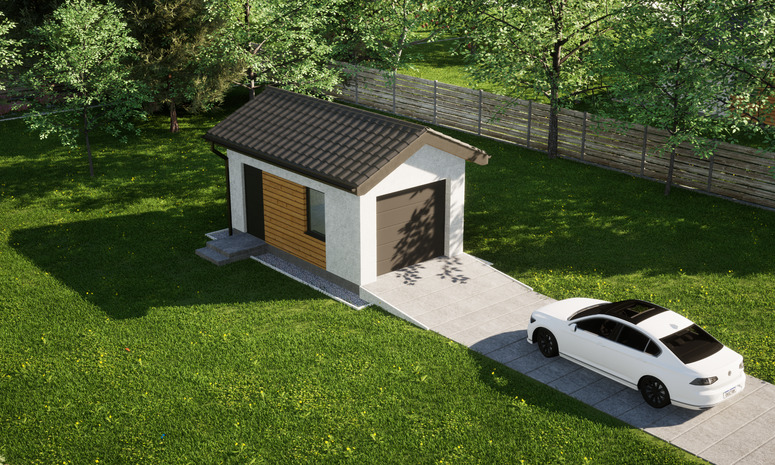 Garaż ERDOL G1 - Wersja lewa - Układ kalenicy prostopadły z dachem dwuspadowym o kącie nachylenia 25 stopni - Brama segmentowa z napędem IO, sterowana pilotem - UniPro WIŚNIOWSKI - Styropian, siatka i klej - Antracyt