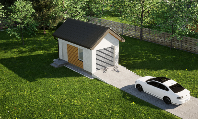 Garaż ERDOL G1 - Wersja lewa - Układ kalenicy prostopadły z dachem dwuspadowym o kącie nachylenia 35 stopni - Bez bramy - Styropian, siatka i klej - Biały