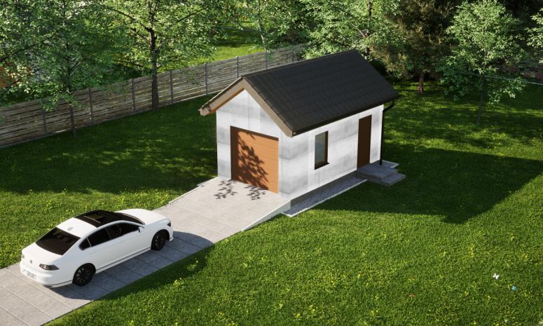 Garaż ERDOL G1 - Wersja prawa - Układ kalenicy prostopadły z dachem dwuspadowym o kącie nachylenia 35 stopni - Brama segmentowa z napędem IO, sterowana pilotem - UniPro WIŚNIOWSKI - Bez styropianu, siatki i kleju - Złoty dąb