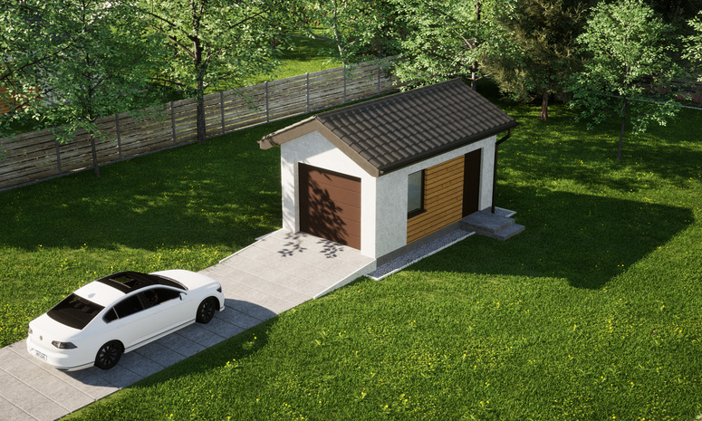 Garaż ERDOL G1 - Wersja prawa - Układ kalenicy prostopadły z dachem dwuspadowym o kącie nachylenia 25 stopni - Brama segmentowa z napędem IO, sterowana pilotem - UniPro WIŚNIOWSKI - Styropian, siatka i klej - Orzech