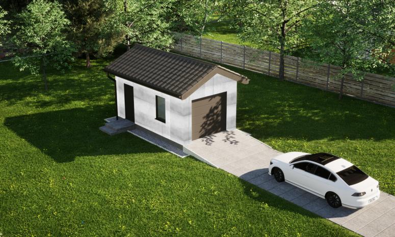 Garaż ERDOL G1 - Wersja lewa - Układ kalenicy prostopadły z dachem dwuspadowym o kącie nachylenia 25 stopni - Brama segmentowa z napędem IO, sterowana pilotem - UniPro WIŚNIOWSKI - Bez styropianu, siatki i kleju - Antracyt