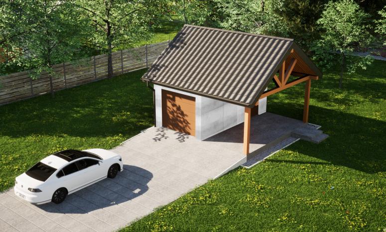 Garaż ERDOL G1W - Wersja prawa - Układ kalenicy równoległy z dachem dwuspadowym o kącie nachylenia 35 stopni - Brama segmentowa z napędem IO, sterowana pilotem - UniPro WIŚNIOWSKI - Bez styropianu, siatki i kleju - Złoty dąb